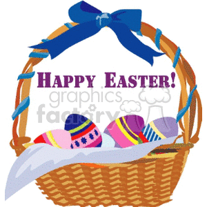 A clipart image of a wicker Easter basket filled with decorated eggs and a blue bow, featuring the text 'Happy Easter!'