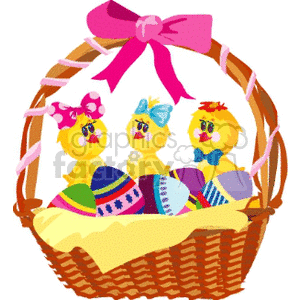 A clipart image of a woven brown Easter basket filled with painted eggs and three yellow chicks adorned with colorful bows. The basket handle has a pink bow on top, symbolizing celebration and Easter holidays.