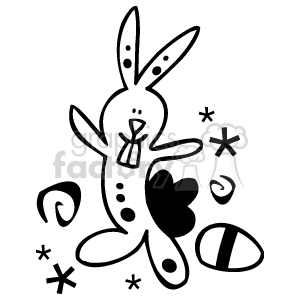 The clipart image depicts a stylized Easter bunny with a playful expression, characterized by prominent front teeth and swirl designs around it. The rabbit appears to be in mid-motion as if dancing or celebrating, with stars and swirls scattered around to add a festive atmosphere. An Easter egg is also visible, reinforcing the holiday theme.