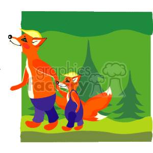Fox Father and Fox son walking in the forrest