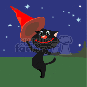   The clipart image shows a joyful black cat standing on its hind legs, wearing a pointy red witch