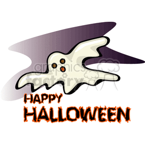 A clipart image of a cartoon ghost flying with the text 'Happy Halloween' in spooky orange and black font.