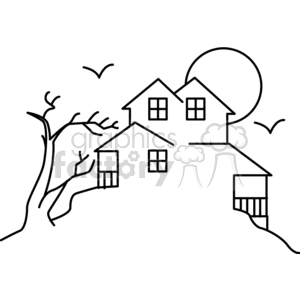 A Halloween-themed clipart image featuring a haunted house with bats flying around, a full moon, and a barren tree.