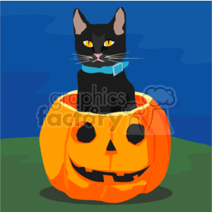   The clipart image features a black cat with yellow eyes and a blue collar sitting inside a carved pumpkin with a smiling jack-o