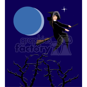 The clipart image features a witch clad in black, riding a broomstick across a night sky with a full moon and a twinkling star. In the background, there are silhouettes of barren trees, which creates an eerie Halloween scene.