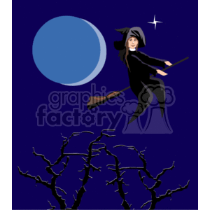 Halloween Witch Flying on Broomstick with Full Moon