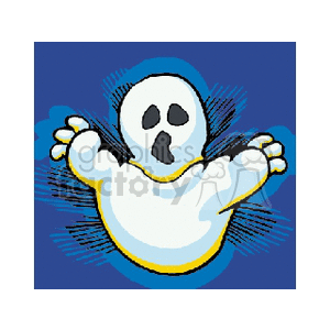 A cartoon-style ghost with a surprised expression on a blue background, suitable for Halloween themes.