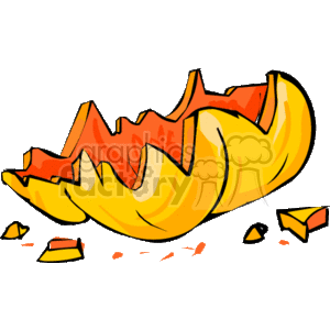 This clipart image depicts a smashed or broken Halloween pumpkin. The pumpkin is depicted in a cartoonish style with jagged edges and pieces scattered around it, suggesting that it has been broken into several chunks. The colors are vibrant, with shades of yellow and orange