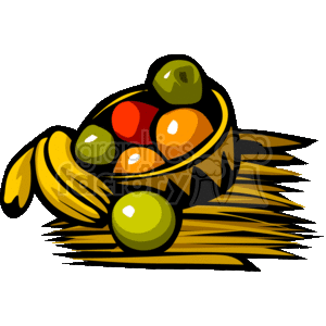 The clipart image features a bowl with a variety of fruits, possibly representing the mazao, which is one of the symbols of Kwanzaa. The fruits depicted could include bananas, oranges, apples, and perhaps some limes or green apples. The bowl is stylized with African-inspired designs and placed on what appears to be a straw mat, known as the mkeka, another key symbol of Kwanzaa.