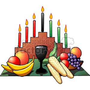 This clipart image depicts Kwanzaa with a Kinara holding red, black, and green candles, alongside fruits, vegetables, and a unity cup.