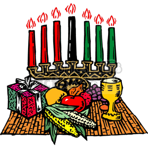 Clipart image of Kwanzaa celebration featuring Kinara with seven candles, fruits, corn, a gift, and a unity cup.