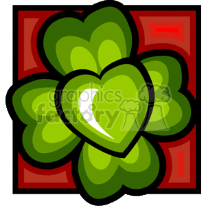 A green four leaf clover with a heart in the center framed in red