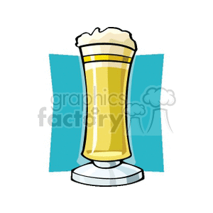 Clipart image of a tall glass of beer with a frothy head, set against a blue background.