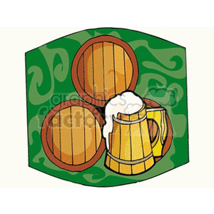 Illustration of two wooden barrels and a frothy beer mug against a green background.