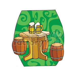 Cartoon clipart of a festive setting with two beer mugs on a round table surrounded by beer barrels, ideal for holidays like St. Patrick's Day or Oktoberfest.