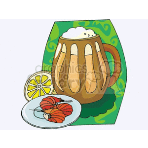 Foamy mug of beer with lemon and shrimp