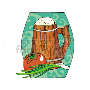 Wooden mug of beer with tomato and green onions