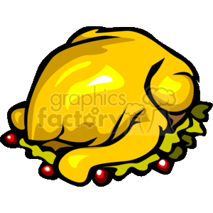 This clipart image depicts a stylized, cartoon representation of a golden, plump, cooked turkey, commonly associated with Thanksgiving feasts. It is adorned with red berries, likely cranberries, and green leaves to suggest garnish, which is typical for a Thanksgiving presentation. The turkey appears juicy and glistening, suggesting it's ready to be served at a festive dinner.
