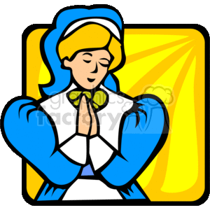 The clipart image features a stylized representation of a woman pilgrim with her hands together in a gesture that might imply prayer or gratitude. She is dressed in traditional pilgrim attire, which includes a white bonnet, a blue dress with white cuffs and collar, and a yellow-green bow at the neck.