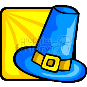 This clipart image depicts a stylized blue pilgrim hat with a yellow buckle, set against a sunburst pattern in the background which is primarily yellow. The hat features a broad brim and a tall, tapered crown, which are common characteristics of the traditional headwear associated with pilgrims from the Thanksgiving historical period.