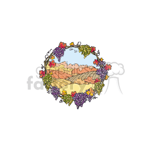 The clipart image depicts a circular frame composed of grapevines with bunches of grapes bordering an idyllic autumnal field scene. Within the circular frame, there are fields in fall colors, indicating the harvest season. The image captures the essence of Thanksgiving, celebrating the bounty of the harvest and the beauty of the autumn season.