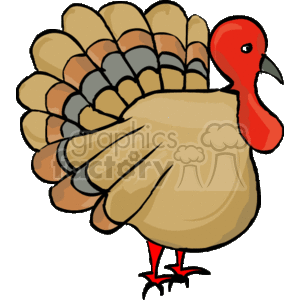 The image is a colorful clipart illustration of a turkey. The turkey has a large fan of feathers, and its plumage is highlighted with shades of brown, tan, and gray. It has a red head and neck, commonly referred to as a wattle and snood, and it is standing upright on two red legs.