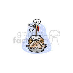   The clipart image depicts a cartoon of a pie, most likely intended to represent an apple pie or similar dessert typically associated with Thanksgiving holidays. The pie is made to look whimsical with a simple face decoration, indicated by what looks like a chef