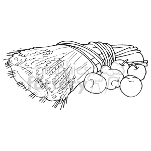 The clipart image depicts a bundle of wheat tied together with a band, alongside what appears to be a group of fruits (possibly apples) resting adjacent to the wheat sheaves. 