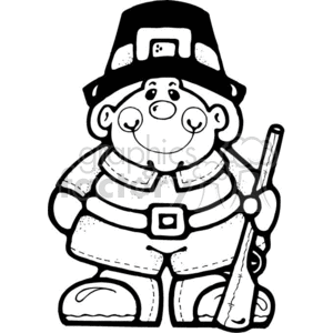 The clipart image features a caricature of a boy dressed as a Thanksgiving pilgrim. He is wearing a traditional pilgrim hat with a buckle, a collar, a belt with a buckle, and shoes. The boy is holding what appears to be a musket or a blunderbuss, which is associated with the historical period of the pilgrims.