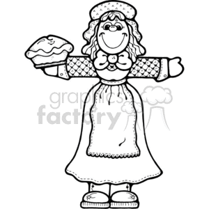 This is a black and white clipart image featuring a female pilgrim holding a pie. She is smiling and dressed in traditional pilgrim attire, including a dress with an apron, a bonnet, and shoes with buckles. She has a joyful expression, suggesting a festive mood related to Thanksgiving celebrations.