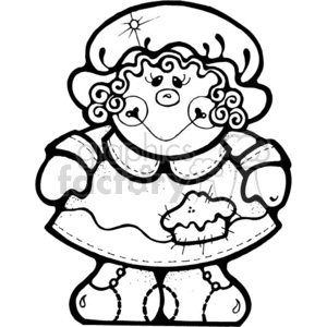   The image is a black and white clipart depicting a character styled as a pilgrim girl. This character features curly hair, a wide-brimmed hat with a buckle, a collared dress with an apron, and she appears to be holding a small object that might represent a pie or a farm animal. The style is reminiscent of a rag doll or a simplistic cartoonish representation, making it suitable for coloring activities, educational materials, or Thanksgiving-themed decorations. 