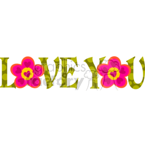 The clipart image features the word LOVE with each letter designed uniquely, using green as the primary color with polka dots and pink hearts within the letters. On the 'O' there are large pink flowers with a heart shape in the middle of each. The style is playful and vibrant, typically associated with themes of affection and celebration, matching well with Valentine's Day and love-related holidays.