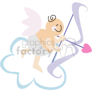   This clipart image features a whimsical depiction of a cupid or angel with wings, floating on a cloud. The character is aiming a bow and arrow, with the arrowhead shaped like a heart, which aligns with typical Valentine