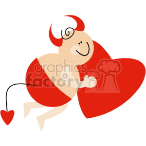   This clipart image features a whimsical character that appears to be a combination of an angel and a devil. The character has red devil-like horns and a tail with a heart-shaped end, but also has a joyful expression and is hugging a large red heart, bringing to mind the theme of love associated with Cupid or angels. It