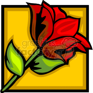 The image is a clipart of a stylized red rose with green leaves on a stem, set against a yellow and black outlined background. The rose is commonly associated with romance and affection, making it a fitting symbol for Valentine's Day and other love-related holidays.