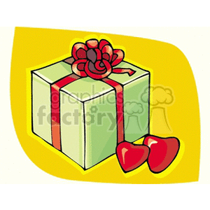 Clipart image of a white gift box with a red bow, accompanied by two red hearts, symbolizing love and romance.