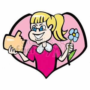 A cartoon illustration of a blonde girl holding a flower and a torn piece of paper, surrounded by a heart background.