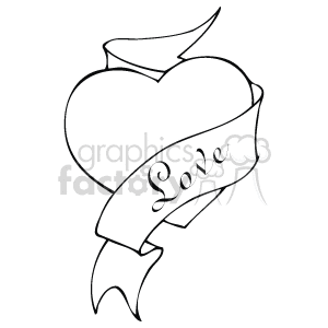   This is a black and white clipart image featuring a stylized heart with a decorative ribbon across it. The ribbon has the word Love written on it in a cursive script. The image is symbolic of romance and is generally associated with Valentine