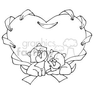 The clipart image features two cartoon cats curled up and asleep together in the center of a heart-shaped ribbon or banner. The cats appear content and peaceful, symbolizing love and companionship. The ribbon frames them in a heart shape, which is commonly associated with love and especially Valentine's Day.
