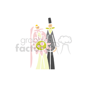   The clipart image depicts a stylized bride and groom. The bride is holding a bouquet of flowers, and both are dressed in traditional wedding attire. The bride appears to be wearing a white dress and holding a floral bouquet with pink elements, while the groom is in a black suit and a top hat. The background features a large pink flower, adding to the wedding theme. 