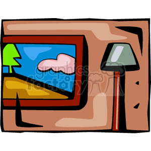 Clipart image of a living room with a wall painting and a floor lamp.