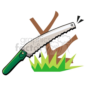 Clipart image of a hand saw cutting through tree branches with green foliage.