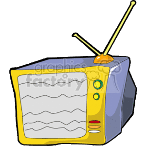   The clipart image features a stylized representation of a classic television set. The TV has a large screen with horizontal wavy lines, suggesting static on the display. It has a boxy, slightly angled shape common to older TV models. On the right side, there is a yellow panel with circular buttons indicating controls, perhaps for volume and channels. At the top, there