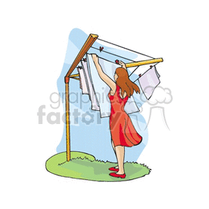 Clipart image of a woman wearing a red dress hanging white clothes on a clothesline outdoors.