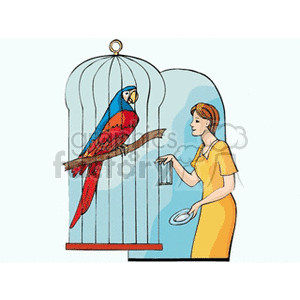 Clipart image of a woman standing beside a birdcage containing a colorful parrot, with a container in hand.