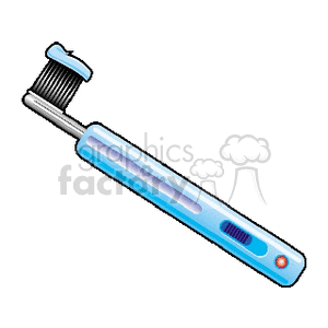 An illustration of a blue electric toothbrush with bristles and a handle, featuring a switch and a light indicator.