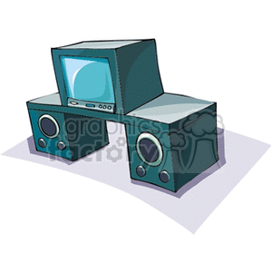 A stylized clipart image of a vintage television set with two large speakers on either side.