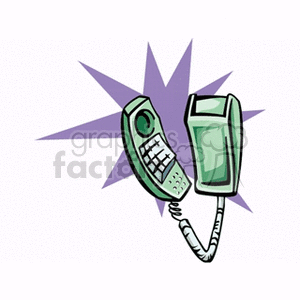 Clipart of a green telephone with a coiled cord and a purple starburst background.