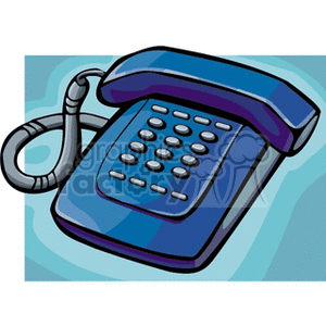 A clipart image of a blue corded telephone with buttons, featuring a coiled cable and a receiver.