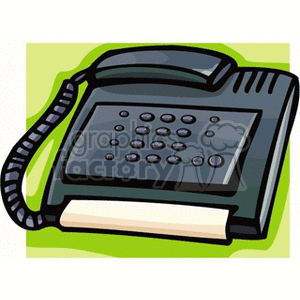 Clipart image of a black office telephone with a coiled cord and keypad on a green background.